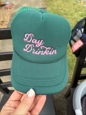Green Trucker Hat with Pink "Day Drinkin'" Embroidery